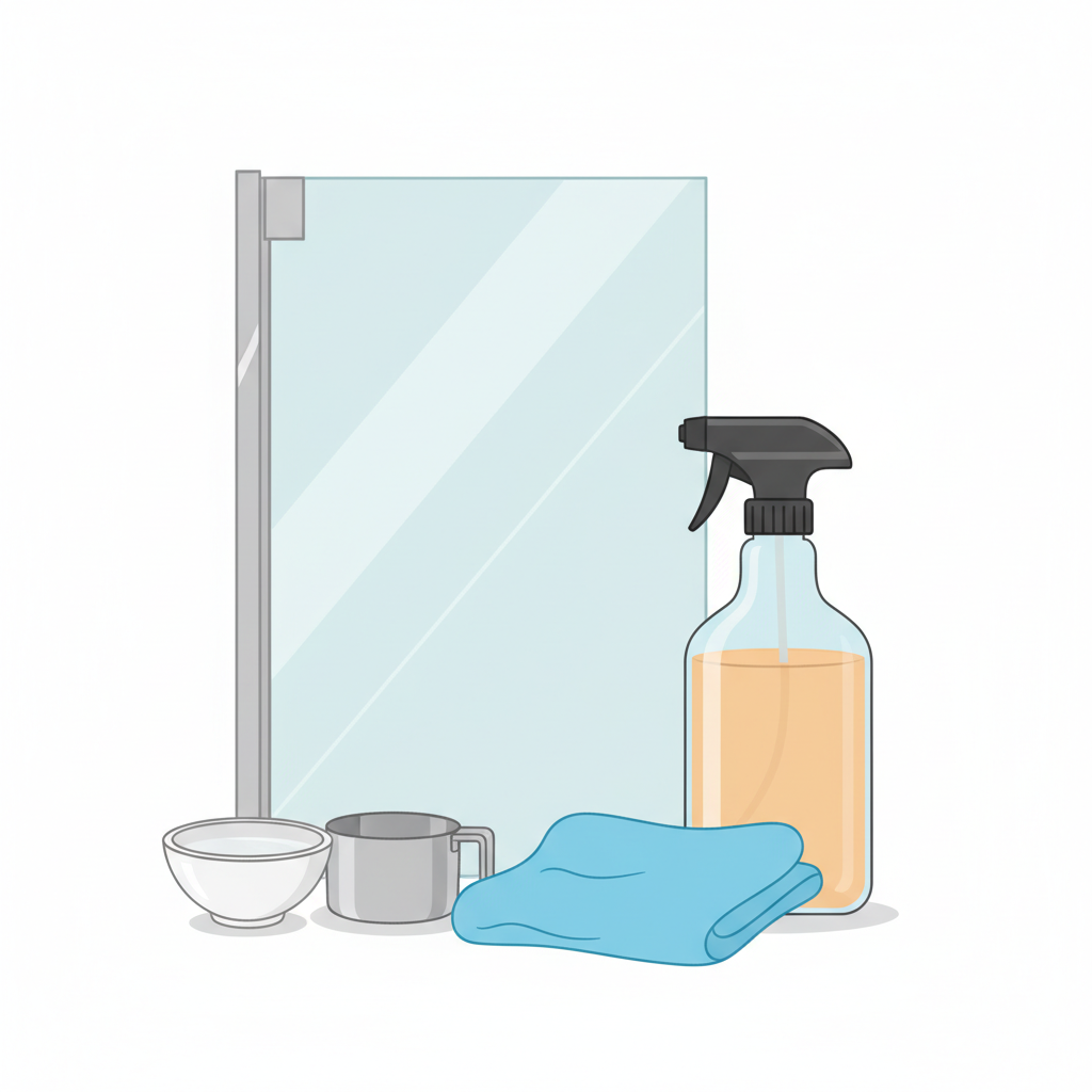 A clean, bright flat illustration depicting the essential tools and ingredients for cleaning frosted glass using a homemade solution. In the foreground, a clear spray bottle filled with a light amber liquid (representing a vinegar and water mixture) sits beside a small bowl of white vinegar and a measuring cup. Neatly folded, a soft, lint-free microfiber cloth is prominently displayed. In the background, a subtle hint of a frosted glass shower door or window frame, free of visible dirt. The overall style should be minimalist and instructional, highlighting the simplicity and effectiveness of the method.