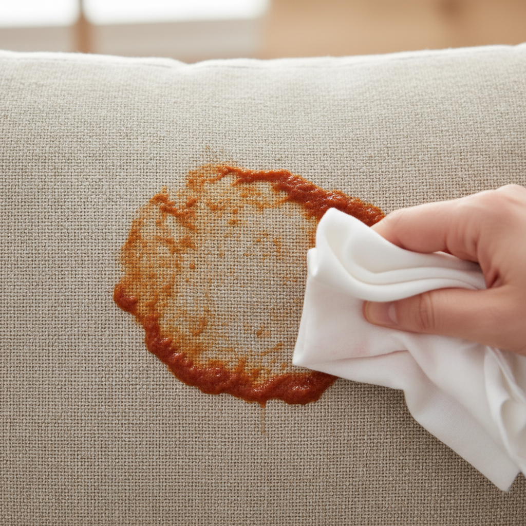 A high-resolution, bright professional photo focusing on a close-up of a light-colored fabric, like a beige linen sofa cushion or a white cotton t-shirt. A vibrant, fresh, reddish-brown sauce stain (e.g., tomato sauce or bolognese) is clearly visible, partially absorbed into the fibers. A hand, gently out of focus, is shown dabbing the edge of the stain with a clean, white cloth or paper towel. The scene conveys a sense of immediate, gentle action to address a common household mishap, highlighting texture and detail.