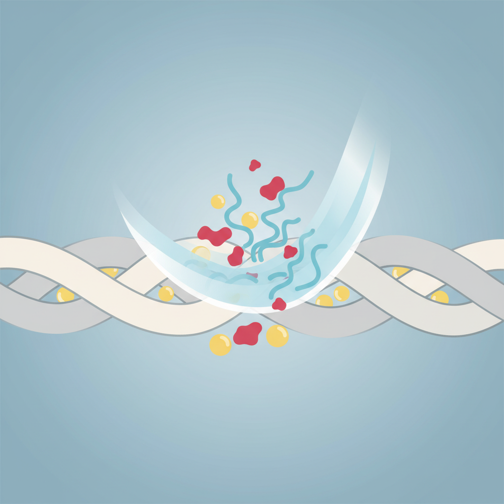 A clean, modern flat illustration in an infographic style. The image depicts a magnified, abstract cross-section of textile fibers. Embedded within the fibers are symbolic representations of the components of a sauce stain: small yellow spheres for fats/oils, red irregular shapes for pigments, and intertwined blue lines for proteins, showing them deeply lodged. A light, swirling gradient or abstract 'cleaning' element is shown interacting with these components, visually illustrating the process of lifting them from the fibers. Use a soft, inviting color palette.