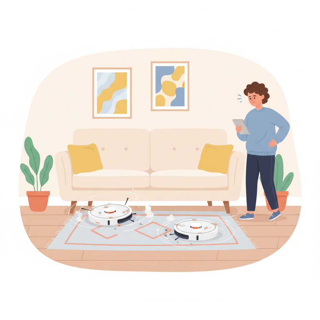 A modern flat illustration showing a robot vacuum cleaner struggling to navigate a living room. The robot is either stuck under a low piece of furniture or spinning in confused circles, with visible dust or pet hair clinging to its brushes. A person stands a few feet away, observing the malfunctioning robot with a slightly frustrated or puzzled expression. The color palette should be soft and inviting, but the scene conveys a sense of exasperation, highlighting the initial problem addressed in the article.