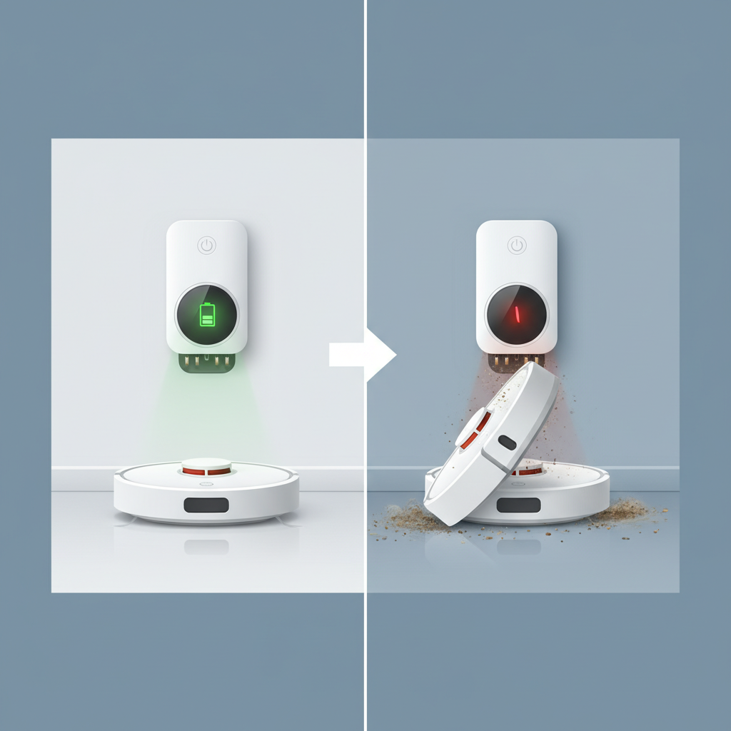 An infographic-style illustration depicting the common issues with robot vacuum charging. On one side, a robot vacuum is perfectly docked on its clean charging station, with clear visual cues of successful charging (e.g., a green light aura around the contacts). On the other side, the robot is slightly misaligned or has visible dust and debris obstructing the charging contacts, indicated by a visual symbol like a flashing red battery icon on the robot's small screen (purely visual, no letters).
