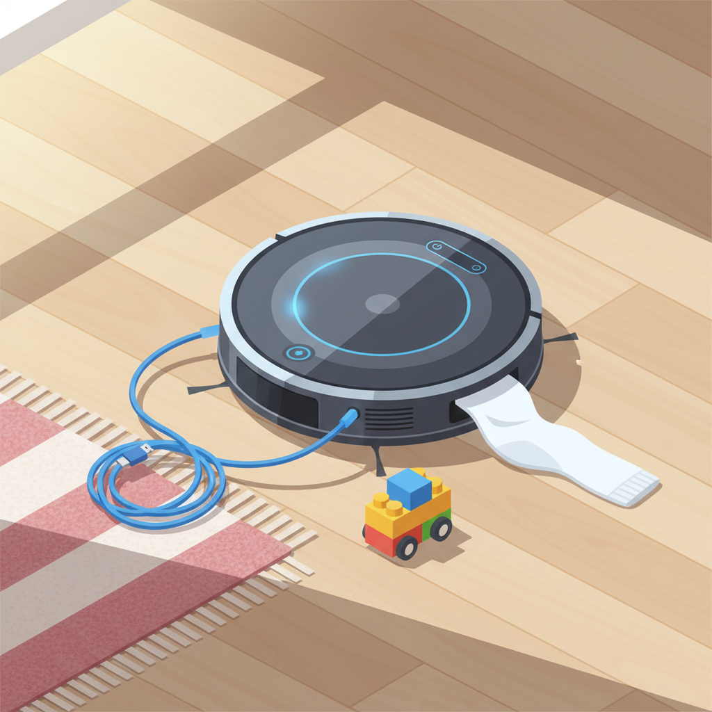 A vibrant, slightly elevated perspective vector illustration of a household floor, focusing on obstacles that hinder a robot vacuum. A modern robot vacuum is shown attempting to navigate, but its path is blocked or tangled by common items: a winding phone charging cable, a small child's toy, a rumpled sock, and the frayed edge of a rug. The robot appears to be struggling or has paused due to these obstructions, emphasizing the need for clear pathways.