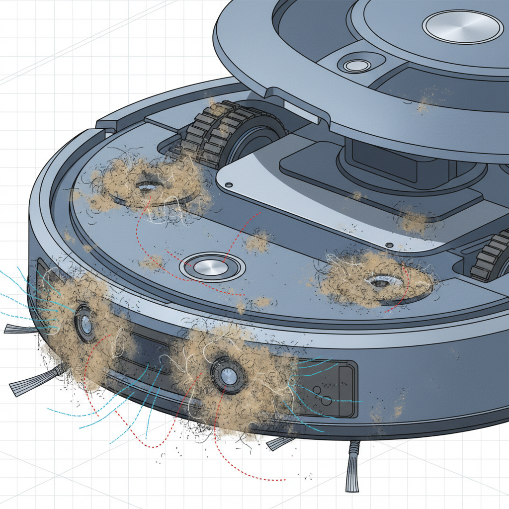 A detailed technical illustration showing a close-up, cutaway view of a robot vacuum's exterior, specifically highlighting its navigation sensors. Visible accumulations of dust, pet hair, and lint are clearly depicted obscuring these sensors (e.g., cliff sensors on the underside, bumper sensors on the side). Subtle visual lines or effects could indicate the impaired signal or 'blindness' caused by the dirt, illustrating how these unseen blockages lead to navigation problems.