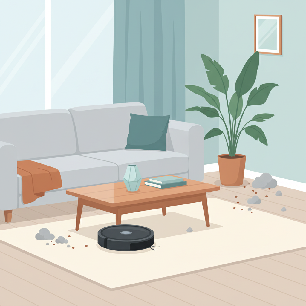 A slightly stylized, clean modern living room, but with visible dust bunnies and crumbs scattered across the floor, particularly in a corner or under furniture. A sleek, modern robot vacuum is positioned in the foreground, looking somewhat inactive or 'stuck,' not effectively cleaning. The overall mood should subtly convey inefficiency or mild frustration. Flat illustration style with clean lines and a contemporary color palette.