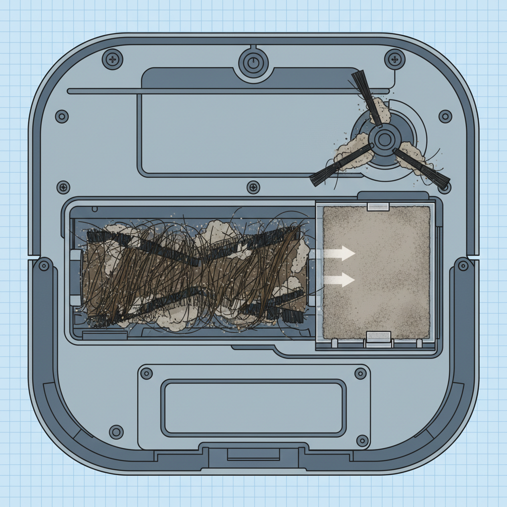 A detailed close-up, partially cutaway diagram of the underside of a robot vacuum cleaner. The main roller brush and at least one side brush are clearly visible, heavily entangled with long hair, lint, and dust. Adjacent to it, the filter compartment is shown with a filter completely choked and gray with fine dust particles, visually indicating reduced airflow. Infographic-style illustration with clear, precise details and subtle visual indicators of blockages.