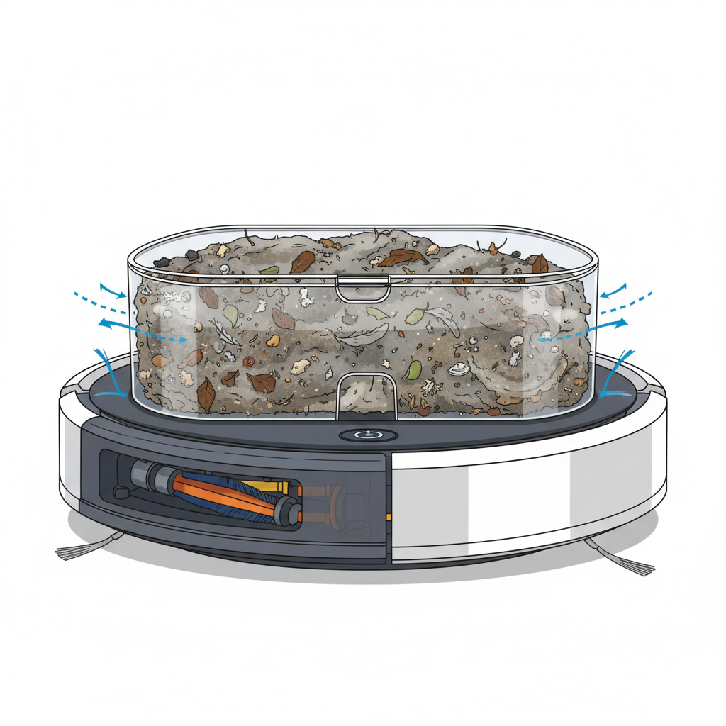 A cross-section view of a modern robot vacuum cleaner, focusing intensely on its internal dust collection compartment. The transparent or highlighted dustbin is completely overflowing and packed tightly with a visible mix of collected dirt, dust, and debris, reaching its maximum capacity. The visual emphasis is on the bin's fullness, indicating no room for more. Clean, technical, and slightly diagrammatic illustration style, with contrasting colors for the dirt and the robot's sleek casing.