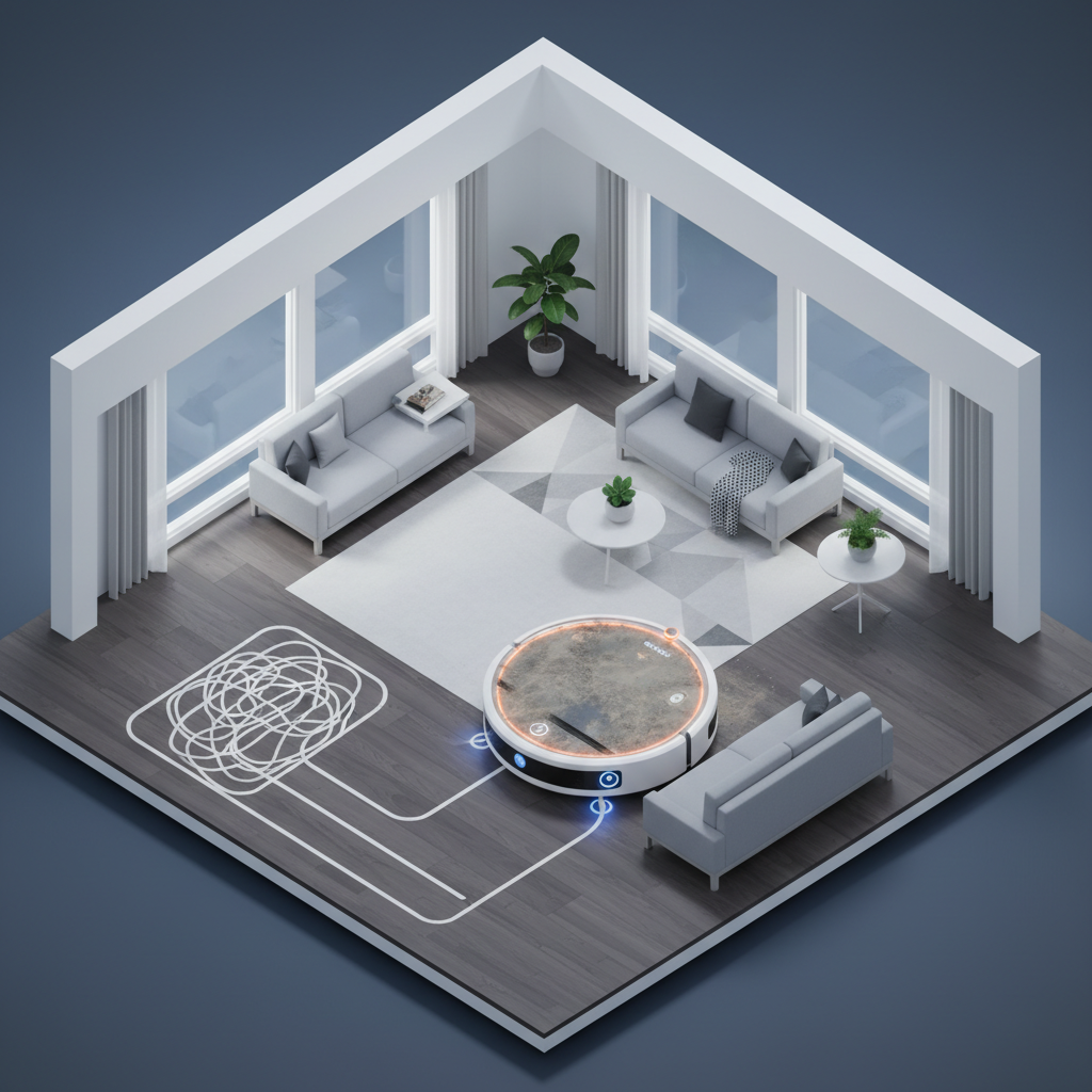 A top-down isometric view of a robot vacuum navigating a room. One or two of its external sensors (e.g., cliff sensors, proximity sensors, or a LiDAR dome) are clearly highlighted and depicted with a visible layer of grime or dust obscuring them. The robot's cleaning path on the floor is shown as erratic, incomplete, or repetitive, indicating confusion and missed areas. Modern, crisp digital illustration with a clean aesthetic for the room and subtle glowing effects on the dirty sensors.