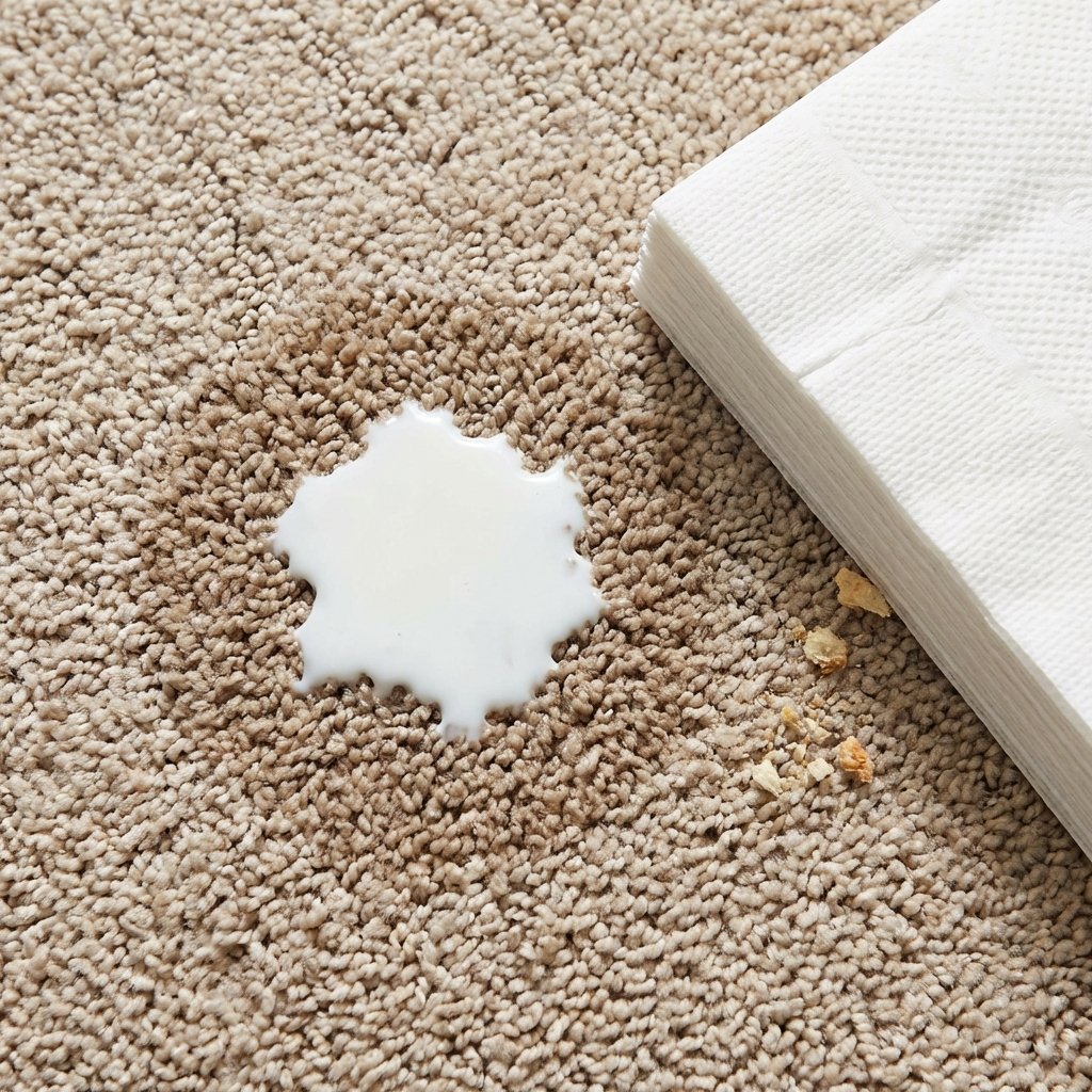 A close-up, high-angle professional photo captures a small puddle of white milk freshly spilled on a soft, light-colored, domestic carpet. A few drops have begun to seep into the carpet fibers, creating a slightly darker, damp area. Positioned next to the spill, a stack of clean, absorbent paper towels is ready to be used, subtly indicating the immediate need for cleanup. The image should convey the common household mishap and the readiness for quick action to prevent the issue from worsening.