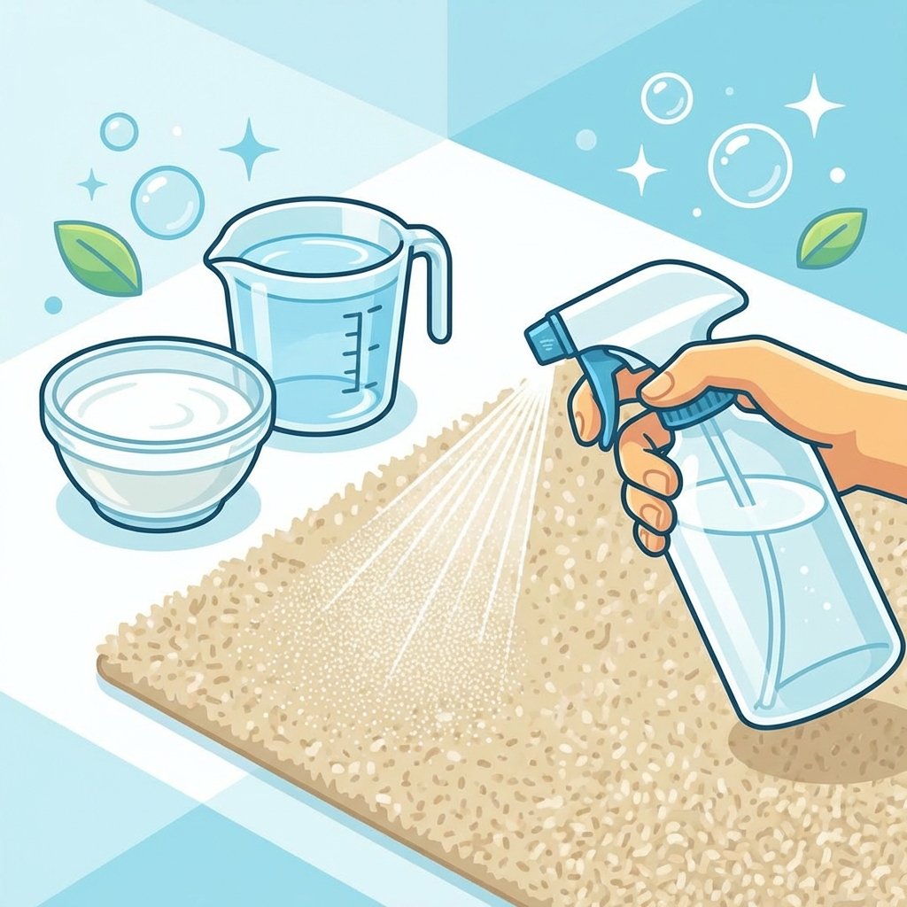 A vibrant, flat illustration depicts a clear spray bottle with a transparent liquid (representing the vinegar solution) actively spraying a fine mist onto a subtly textured patch of carpet. Adjacent to the spray bottle, elements symbolizing the household ingredients are arranged: a small, clear glass bowl containing white vinegar and a measuring cup filled with water, illustrating the 1:1 mixing ratio. The overall scene should be clean, bright, and instructional, emphasizing a simple, effective home remedy.