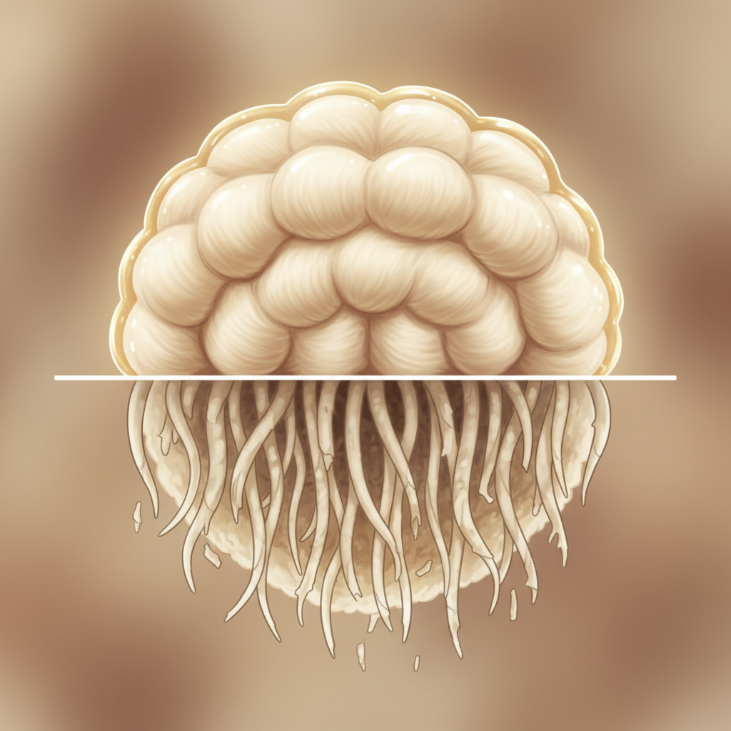 A detailed, stylized macro illustration contrasting two distinct sections of a single sheepskin wool fiber. One section depicts a healthy fiber, plump and smooth, clearly enveloped by a subtle, protective sheen representing the natural lanolin layer. The adjacent section of the fiber is visually distressed, appearing thinner, slightly tangled or brittle, and noticeably lacking the smooth outer coating, symbolizing damage from aggressive cleaning. The illustration uses muted, natural colors with strong textural emphasis on the wool strands. Detailed scientific-artistic rendering in an infographic style, purely visual.