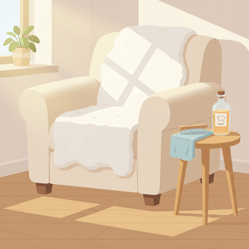 A cozy, inviting flat illustration depicting a pristine, fluffy sheepskin rug draped over a light-colored armchair in a sunlit room. Neatly arranged next to the armchair on a wooden side table are essential sheepskin cleaning tools: a soft-bristled brush or sheepskin comb, a small, elegant bottle of gentle wool detergent, and a clean, folded microfiber cloth. The overall scene should convey warmth, care, and the satisfaction of a well-maintained home textile. The color palette should be soft and natural, emphasizing the sheepskin's texture and cleanliness.