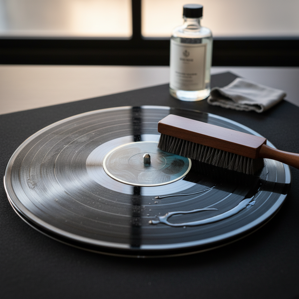 A high-angle, close-up professional photo showcasing a vinyl record being cleaned. One half of the record is visibly dusty and marred with subtle fingerprints, while the other half is pristine and glossy, reflecting ambient light. A specialized record cleaning brush or velvet pad is gently gliding across the surface, creating a clear demarcation between the dirty and clean sections. A bottle of record cleaning solution is slightly blurred in the background, indicating the product's use. The lighting should highlight the contrast and the meticulousness of the cleaning process.