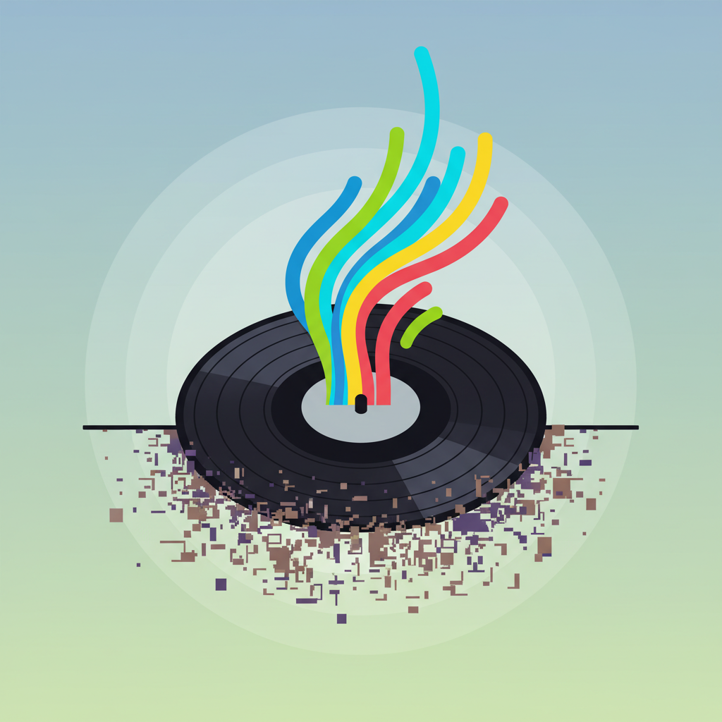 An artistic flat illustration depicting the concept of pristine sound from a clean record. A minimalist turntable features a deep black vinyl record, from which a vibrant, flowing sound wave emanates upwards and outwards, represented by smooth, interconnected lines in bright, harmonious colors. Below the record, or subtly integrated into a small portion of it, a contrasting visual shows scattered, broken lines or static patterns, symbolizing distorted sound from an unclean state. The overall image should convey clarity, quality, and the preservation of the audio experience.