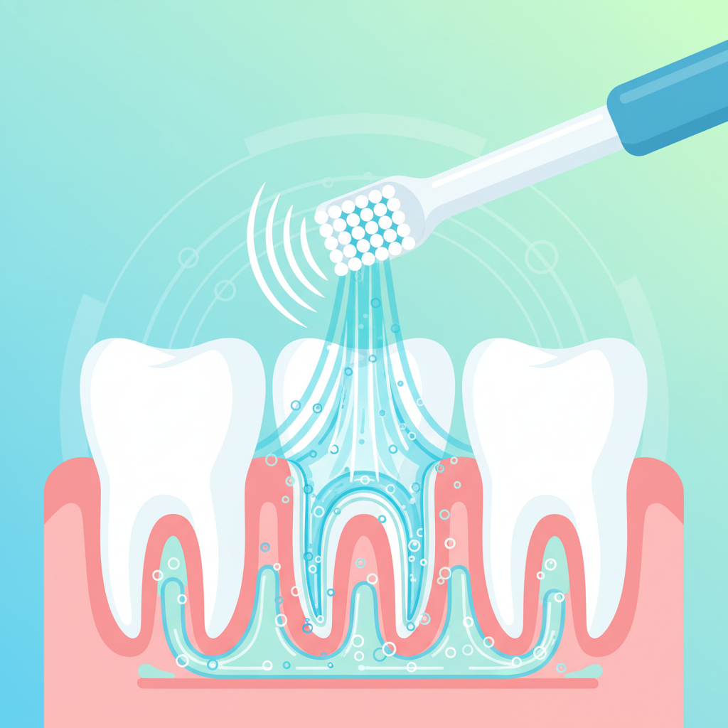 A detailed, modern flat illustration depicting the intricate cleaning mechanism of a sonic toothbrush. The image should feature a cross-section of several teeth and gumline, with a sonic toothbrush head positioned against them. Show the toothbrush bristles vibrating rapidly, indicated by subtle, high-frequency wave patterns emanating from them. Crucially, illustrate a dynamic fluid stream (represented by flowing lines or small, delicate swirls) originating from the vibrating bristles, penetrating into the interdental spaces and below the gumline, highlighting its ability to clean hard-to-reach areas. Use a clean, bright color palette with blues, whites, and soft greens, emphasizing hygiene and technology.