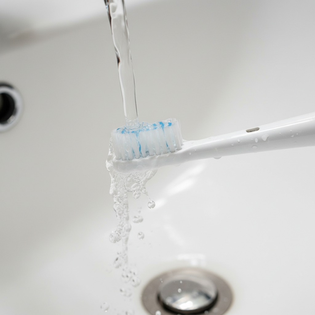 A professional, crisp product photograph focusing on the meticulous cleaning of a sonic toothbrush head. The image should feature a detached or attached toothbrush head positioned under a gentle, flowing stream of water from an unseen tap, with water droplets visibly rinsing through the bristles. Highlight the details of the bristles and the connection point to the brush handle, where cleaning is essential. The background should be a clean, minimalist bathroom sink or countertop, slightly out of focus, maintaining a sense of freshness and hygiene. The lighting should be soft and even, emphasizing cleanliness and careful maintenance.