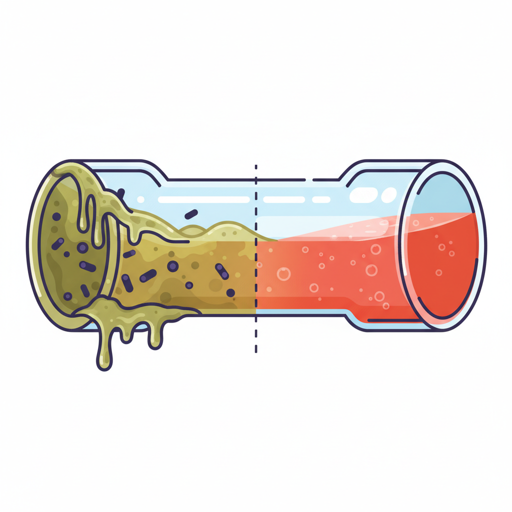 An infographic-style illustration depicting a cross-section of a beverage dispensing line. The left half of the line shows severe contamination: visible biofilm, murky liquid, and small, abstract representations of bacteria clinging to the inner walls. The right half of the line, clearly delineated, is sparkling clean, with a vibrant, clear beverage flowing smoothly through it. This visual contrast highlights the necessity of cleaning for hygiene and quality. Use a crisp, clean aesthetic with subtle color differences to emphasize the unclean vs. clean states.
