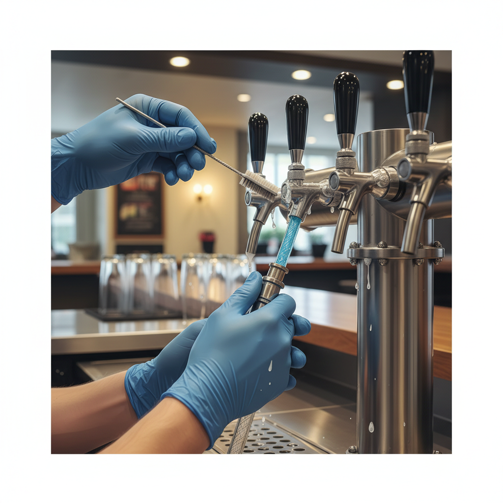 A professional photo-style illustration showing a skilled technician meticulously cleaning a commercial beverage dispensing tap system. The focus is on the technician's hands, gloved, expertly handling specialized cleaning tools or connecting a cleaning solution hose to the tap assembly. In the background, out of focus, a typical bar counter or commercial kitchen environment with stainless steel elements. The overall impression should convey expertise, hygiene, and the diligent process involved in maintaining complex beverage systems.