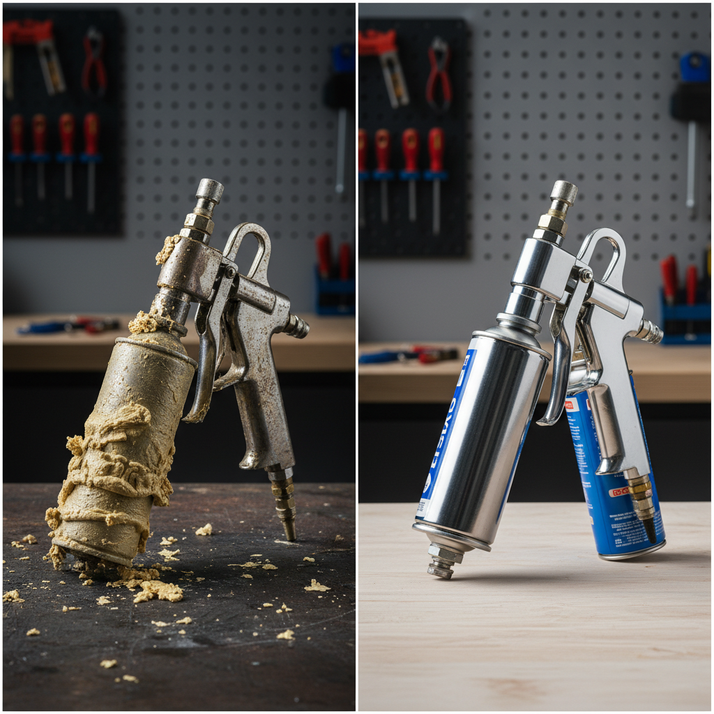 A high-quality, split image or dual-panel illustration showcasing the stark contrast between a neglected and a well-maintained foam gun. On one side, an industrial-style foam gun is heavily clogged with hardened, yellow mounting foam around the nozzle, trigger, and adapter, appearing dysfunctional. On the other side, an identical foam gun is gleaming, free of any residue, with a pristine metallic finish. The background is a clean, minimalist workshop setting. The overall style is a realistic, professional product photography aesthetic, emphasizing the visual impact of cleanliness versus neglect.