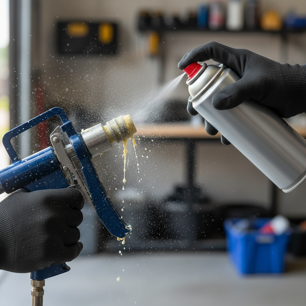 A detailed, close-up photograph from a slight angle, illustrating the active cleaning process of a foam gun. A sturdy hand, possibly gloved, holds the foam gun steady while another hand uses a generic-looking, unlabeled cleaner spray can (without any text or branding) to spray into the adapter where the foam canister usually connects. Small liquid droplets and dissolving foam residue are visible, highlighting the cleaning action. The background is a softly blurred workshop environment, suggesting practical application. The style is clear, instructional photography with natural lighting.