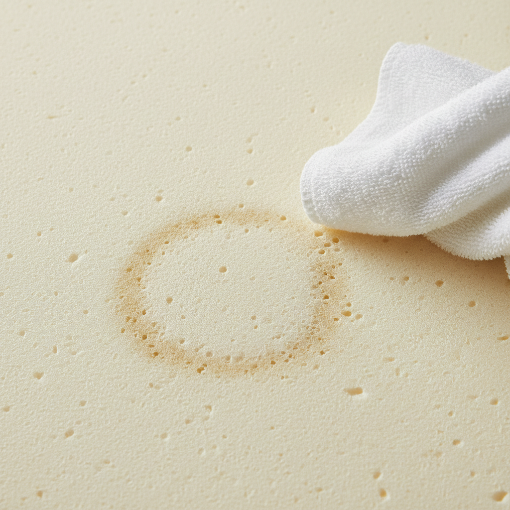 A close-up, high-angle shot of a soft, cream-colored foam mattress surface with a subtle, discolored damp patch, symbolizing a urine stain. A clean, absorbent white cloth or paper towel is shown in motion, just about to make contact or lightly dabbing the edge of the stain, emphasizing urgency. The foam structure should be slightly visible, conveying its porous nature and how liquids can penetrate. The overall aesthetic should be clean, bright, and professional photo style, suggesting a focus on hygiene and immediate action rather than explicit unpleasantness.