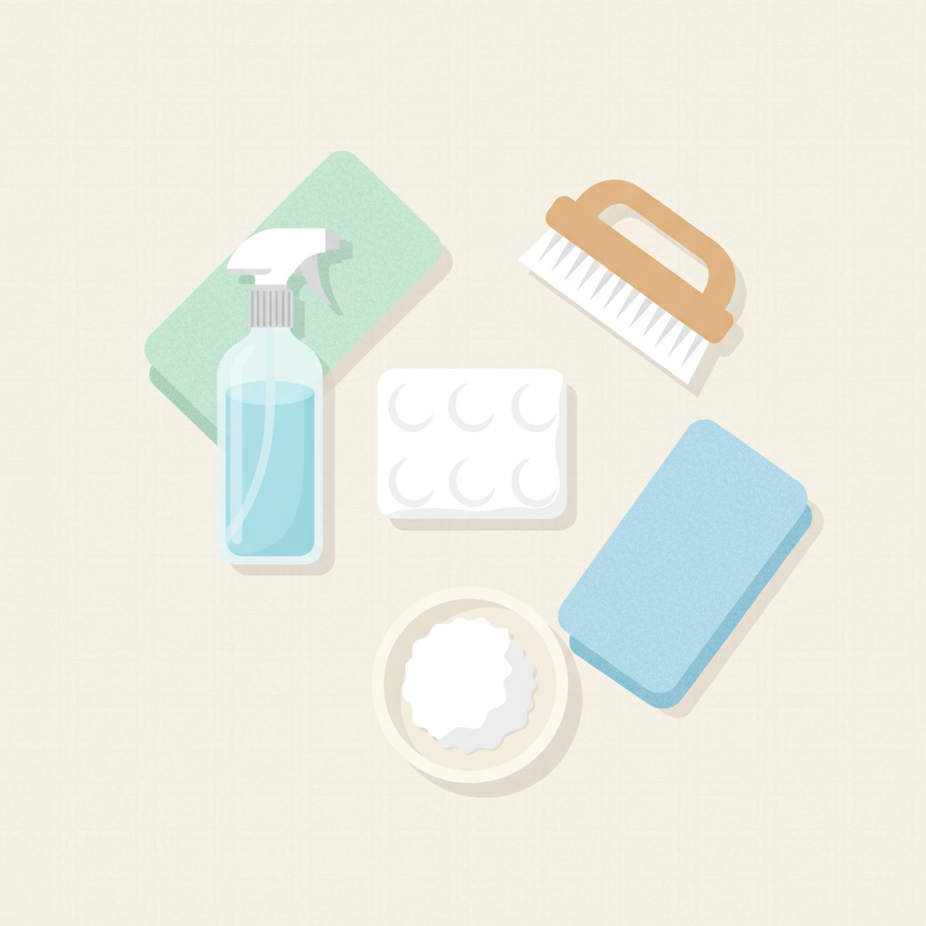 A neatly arranged flat lay illustration depicting various items used for gentle mattress cleaning. Key elements include a spray bottle (unlabeled, perhaps with a hint of liquid inside), a soft scrubbing brush, a bowl of white powder (suggesting baking soda), and a couple of clean, folded towels. These items are artfully positioned around a small, clean segment of a foam mattress swatch. The overall color palette is light and fresh, with soft blues and greens, creating a sense of cleanliness and effectiveness in a modern, clean flat illustration style with a subtle texture.