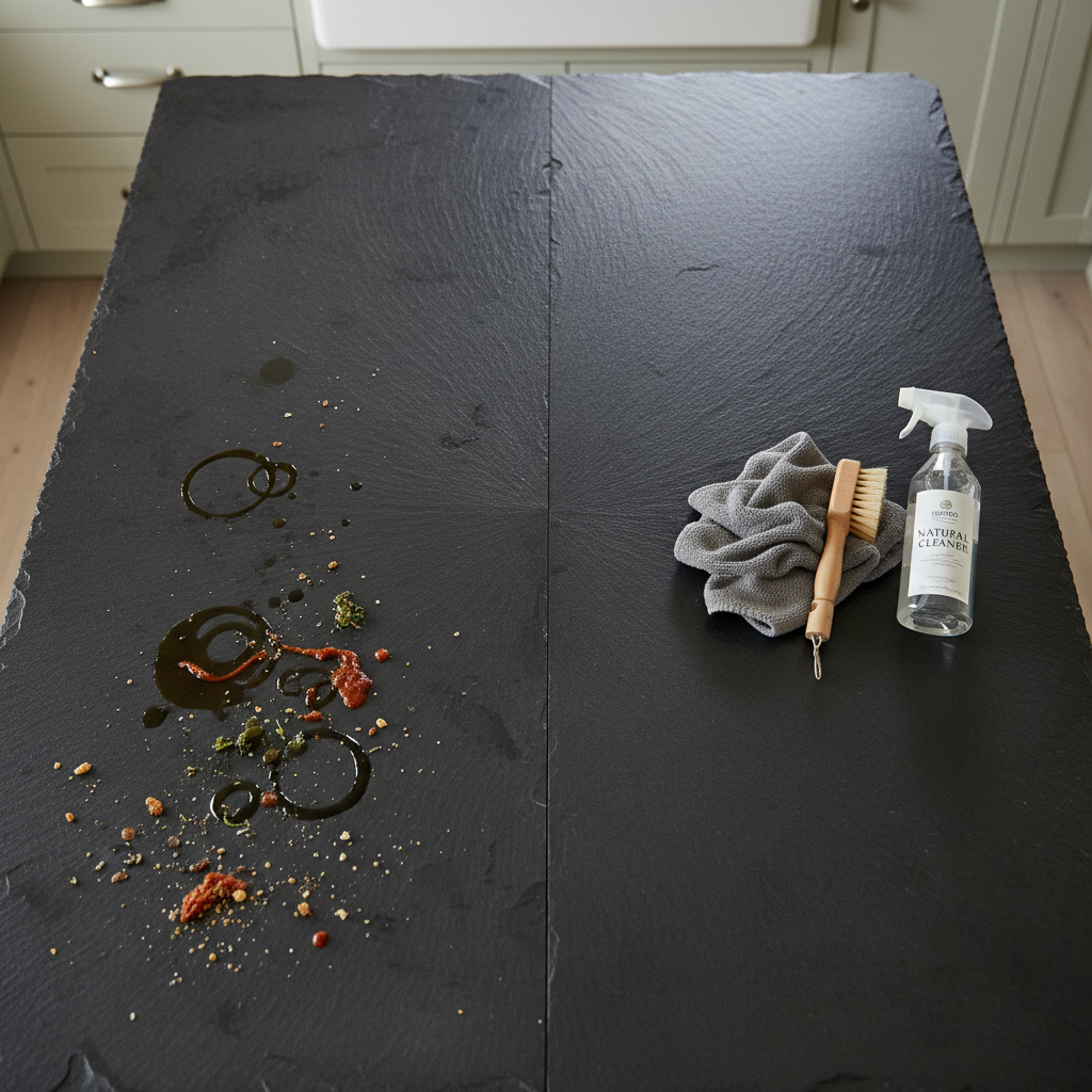 A professional, bright overhead shot of a sleek kitchen island featuring a dark gray slate countertop. One half of the countertop is visibly stained with various common kitchen spills like oil splatters, coffee rings, and food residue, looking dull and dirty. The other half gleams, sparkling clean and showing off the natural texture and subtle sheen of the slate. Gentle cleaning tools such as a soft microfiber cloth, a natural bristle brush, and a generic bottle of mild cleaner are neatly placed on the pristine side, suggesting the cleaning process.