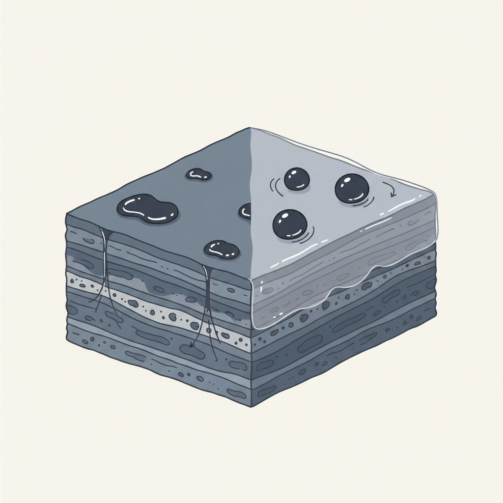 A stylized, clean flat illustration depicting a magnified cross-section of a slate surface. On one side, droplets of a dark liquid (representing stains or acidic cleaner) are shown actively penetrating deep into the visible porous layers of the slate, causing a subtle discolored effect. On the other side, the slate surface is coated with a translucent, protective layer (representing impregnation), with similar liquid droplets beading up and unable to penetrate, rolling off the surface. The background is simple and clean.