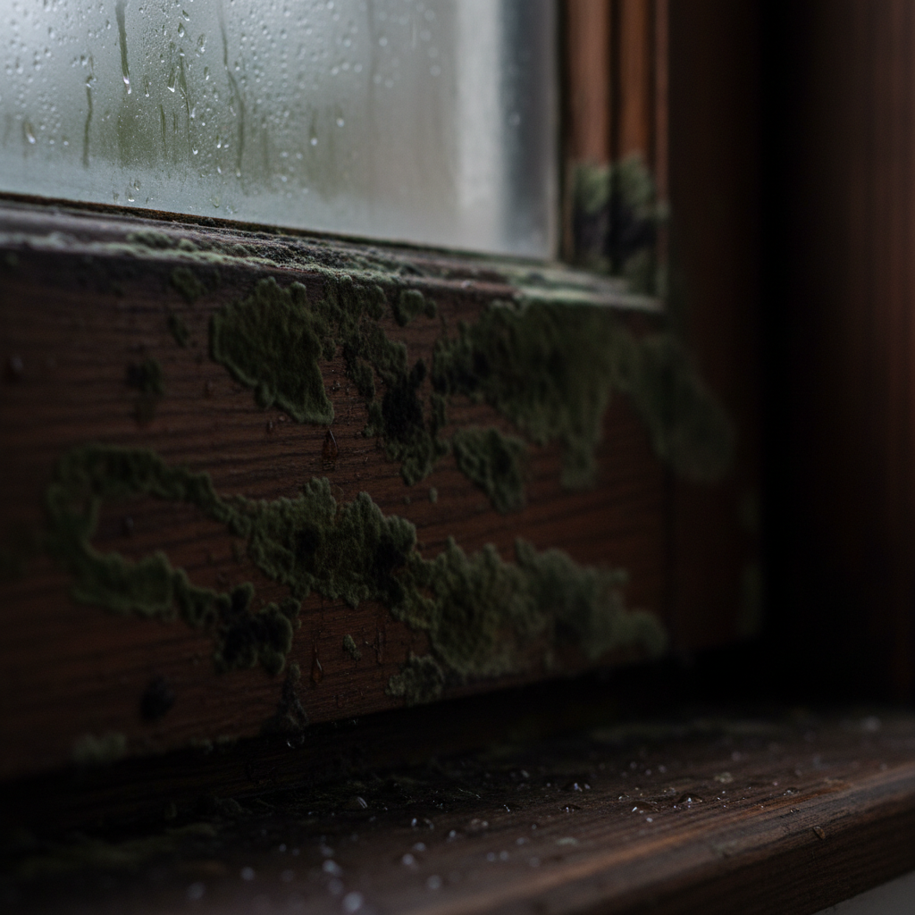 A close-up, professional photograph of a dark, damp wooden window sill or a corner of a wooden wall panel, heavily affected by patches of green and black mold. Water droplets or condensation are subtly visible on the wood surface or a nearby glass pane, hinting at high moisture. The lighting is slightly dim in the background, emphasizing poor ventilation, while the foreground shows the detailed texture of the mold on the wood grain. The image should evoke a sense of dampness and neglect.