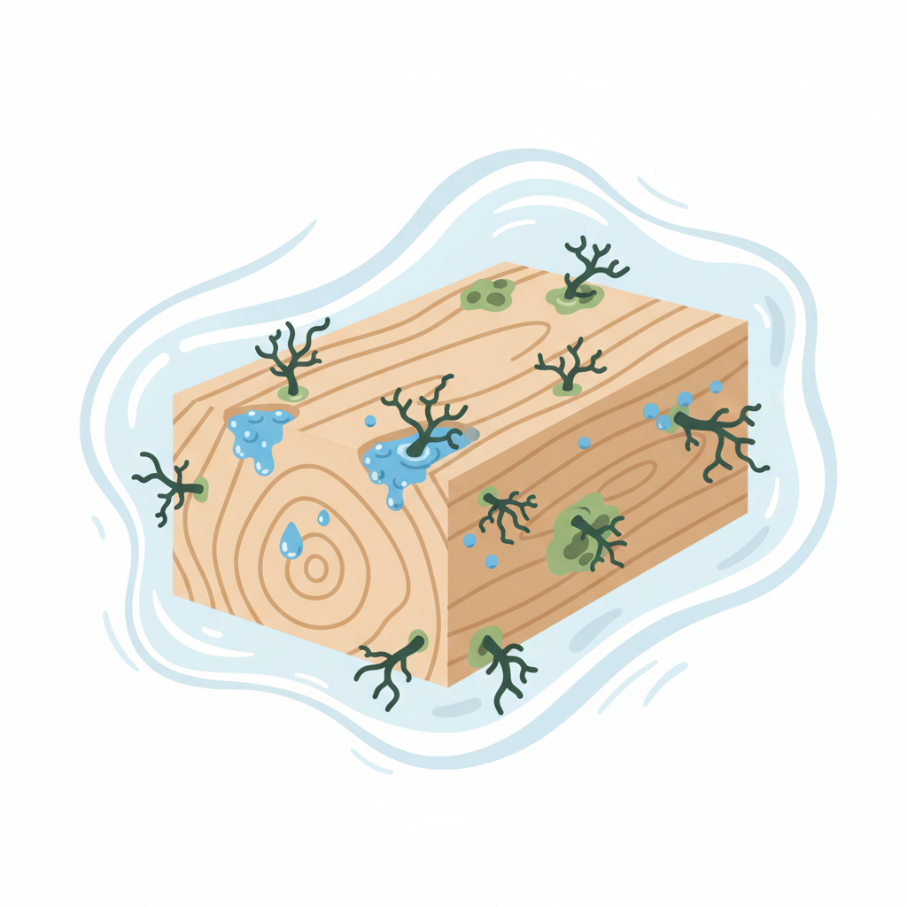 A clean, modern flat illustration depicting a conceptual cross-section of a wooden beam. Visible within the wood grain are tiny blue moisture droplets seeping in, with some transforming into small, stylized green and black mold spores growing outwards. Surrounding the wood are subtle, flowing lines representing high humidity and stagnant air, creating an environment conducive to mold. The overall illustration should clearly show the interaction between moisture, wood, and mold growth.