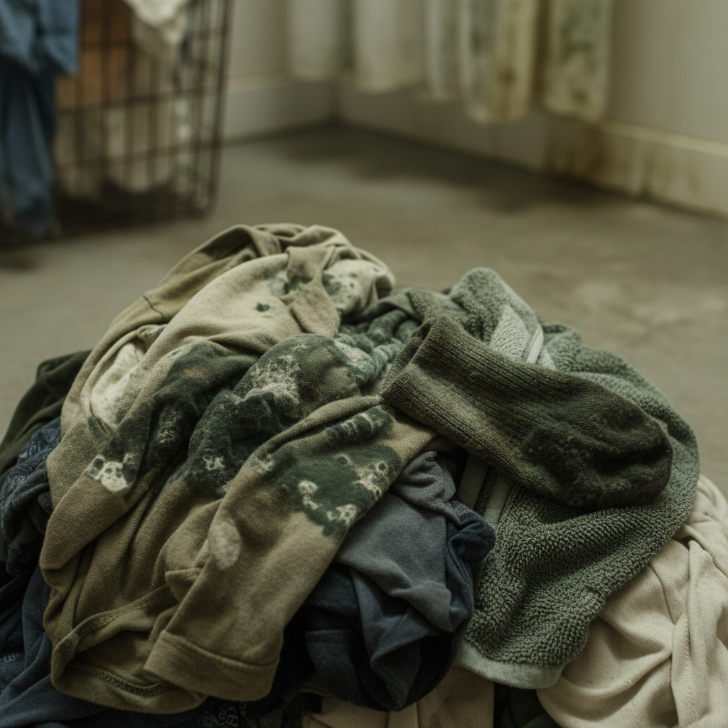 A close-up, slightly elevated view of a crumpled pile of various items of clothing (e.g., a t-shirt, a sock, a towel) in muted colors, some visibly damp and showing patches of greenish-black mold clearly spreading across the fabric fibers. The background hints at a humid, slightly dark environment, perhaps a neglected corner of a laundry room or a damp laundry basket. The overall scene should evoke a sense of neglect leading to mold growth. Professional photo with a shallow depth of field, emphasizing the moldy textiles.