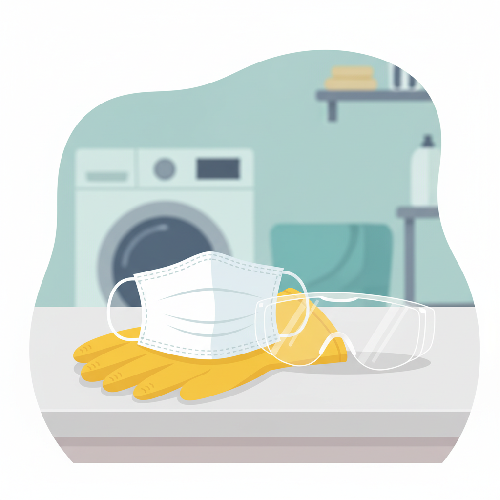 A clean, modern flat illustration depicting essential protective gear for handling mold. The central elements are a pair of bright yellow rubber gloves, a white disposable face mask, and clear safety goggles, all neatly arranged on a light-colored, uncluttered surface. The background can subtly suggest a domestic setting like a laundry room, with soft, ambient light. The illustration should convey a sense of preparedness and safety without being alarming.