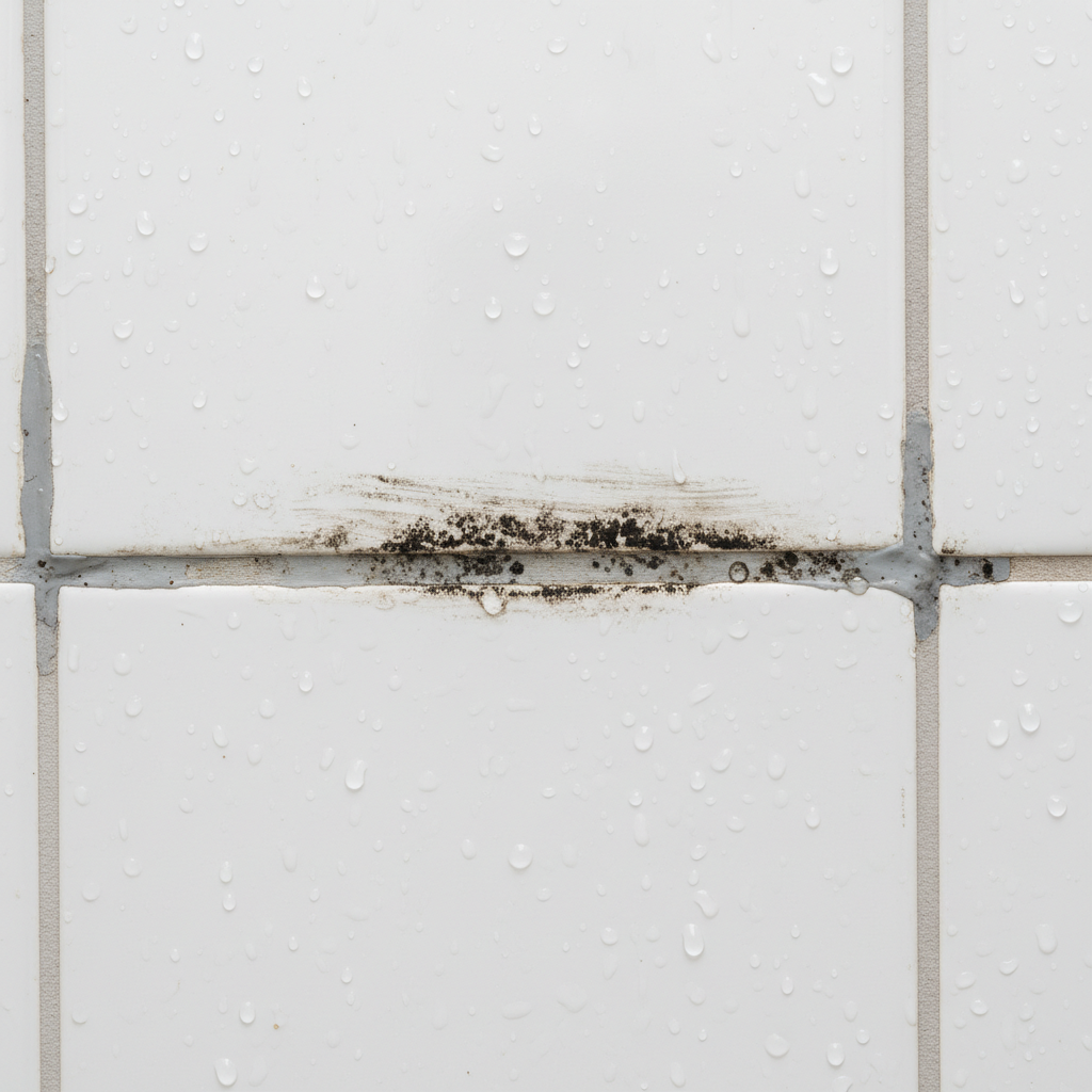 A close-up, high-resolution professional photograph capturing a section of a bathroom wall. The focus is on a white or light grey silicone joint, heavily infested with prominent dark black mold spots and streaks, running between glossy ceramic tiles. Small water droplets or condensation cling to the tiles and the moldy sealant, emphasizing the humid environment. The scene visually conveys the unpleasant aesthetics and unhygienic nature of mold in a typical bathroom setting, highlighting the common problem addressed by the article.