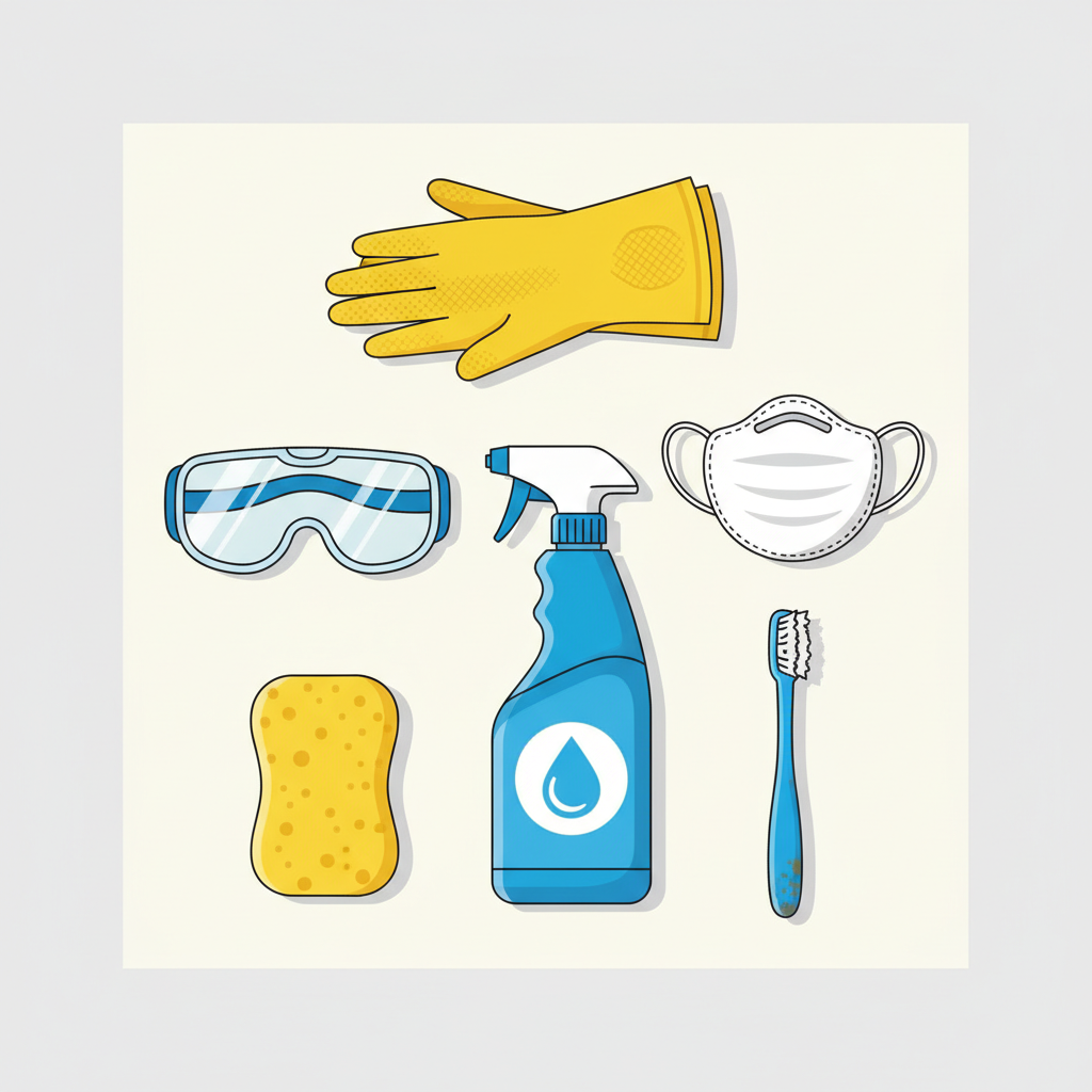 A clean flat lay illustration depicting essential safety gear and common household cleaning tools for mold removal, arranged neatly on a light, uncluttered surface. The items include a pair of yellow rubber gloves, a white FFP2 protective face mask, clear safety goggles, a generic blue spray bottle, a clean yellow sponge, and an old, worn toothbrush. The composition is bright, organized, and conveys preparedness and safety measures before tackling household mold, using a modern, illustrative style suitable for a blog.