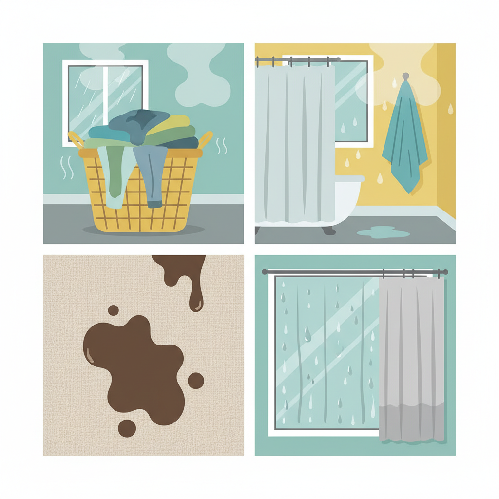 A vibrant, clean flat illustration showing four distinct panels or sections, each depicting a common cause for mold growth on textiles. One panel shows a pile of damp clothes in a laundry basket in a humid environment. Another panel illustrates a dimly lit, high-humidity bathroom corner with a towel hanging. A third panel features a fabric with a spilled liquid stain. The fourth panel could represent condensation on a window next to curtains. The overall scene should be bright and easy to understand, without any visible mold but clearly indicating conditions favorable for its growth. The style should be modern and infographic-like, using a limited color palette.