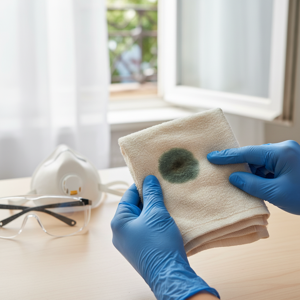 A professional photo style illustration focusing on the preparation steps for removing mold. The scene shows a person's hands, wearing blue nitrile gloves, carefully examining a piece of light-colored fabric (e.g., a white t-shirt or towel) which has a small, clearly visible dark mold spot. In the background, subtly out of focus, parts of a protective mask and safety glasses can be seen, hinting at the full protective gear. An open window or a gentle breeze indication suggests good ventilation. The lighting should be bright and clean, emphasizing safety and careful handling. The overall impression is one of careful, professional preparation before tackling the problem.