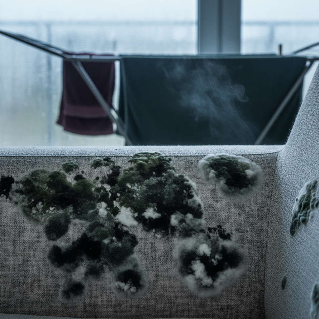 A realistic professional photo of a close-up section of a modern, fabric upholstered armchair or sofa. Visible on the fabric are distinct patches of green, black, and white mold, contrasting with the original fabric color. In the background, slightly out of focus, subtle environmental cues for mold growth are present, such as condensation on a window pane nearby, or a barely visible plume of steam from clothes drying indoors. The lighting should suggest a slightly damp or poorly ventilated indoor environment, emphasizing the problem.