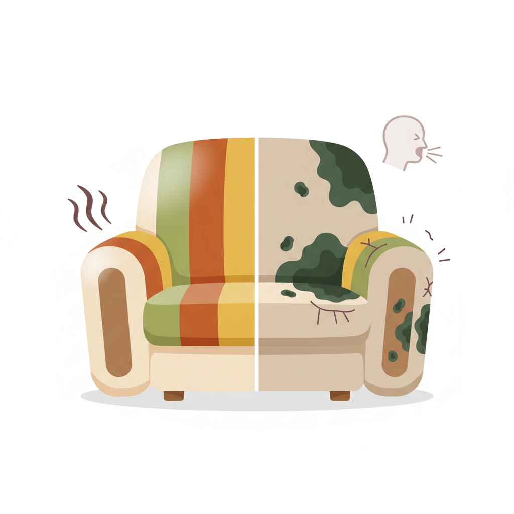 A clean, modern flat illustration divided into two conceptual zones. On the left, a vibrant, clean upholstered armchair in warm, inviting colors, symbolizing health and aesthetics. On the right, the same armchair appears duller, with prominent, stylized patches of green and black mold. Around the moldy armchair, subtle visual icons represent the negative impacts: a faint outline of a person coughing or sneezing (without actual body features), a subtle distressed texture on the fabric indicating material damage, and a few abstract wavy lines suggesting an unpleasant odor emanating from the furniture. The contrast should be stark and easily understandable.