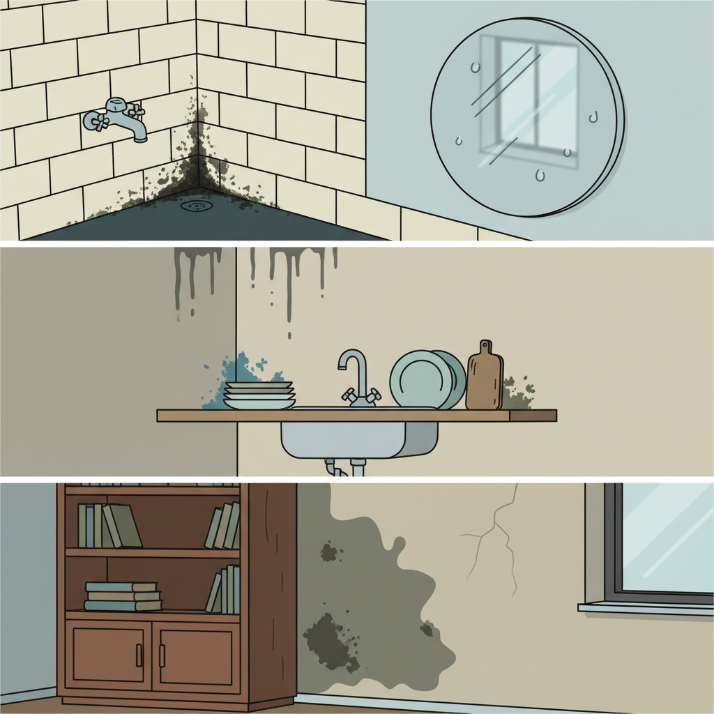A detailed flat illustration showing several common household areas afflicted by mold. The image could be a composite view, perhaps a multi-panel or split scene. One panel depicts a bathroom corner with noticeable dark mold spots on tile grout and a steamy mirror. Another panel shows a section of a kitchen wall near a sink with moisture streaks and small patches of mold. A third section could subtly highlight a damp patch behind a piece of furniture against an outer wall, suggesting hidden mold. The overall color palette should be muted, emphasizing the presence of moisture and mold without being overly dramatic.