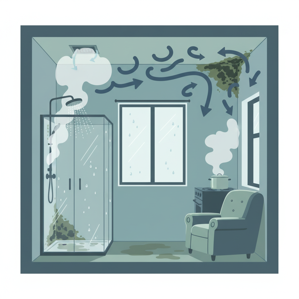 An infographic-style illustration depicting the primary causes of mold formation within a home. The image should feature a cross-section or simplified interior view of a room. Visual elements include steam rising from a shower or a cooking pot, indicating high humidity. Show condensation forming on a cold window surface or a wall. Emphasize poor ventilation with subtle, swirling arrows representing trapped, moist air and a closed window or blocked vent. The scene should convey a sense of stuffiness and dampness, highlighting the environment where mold thrives.