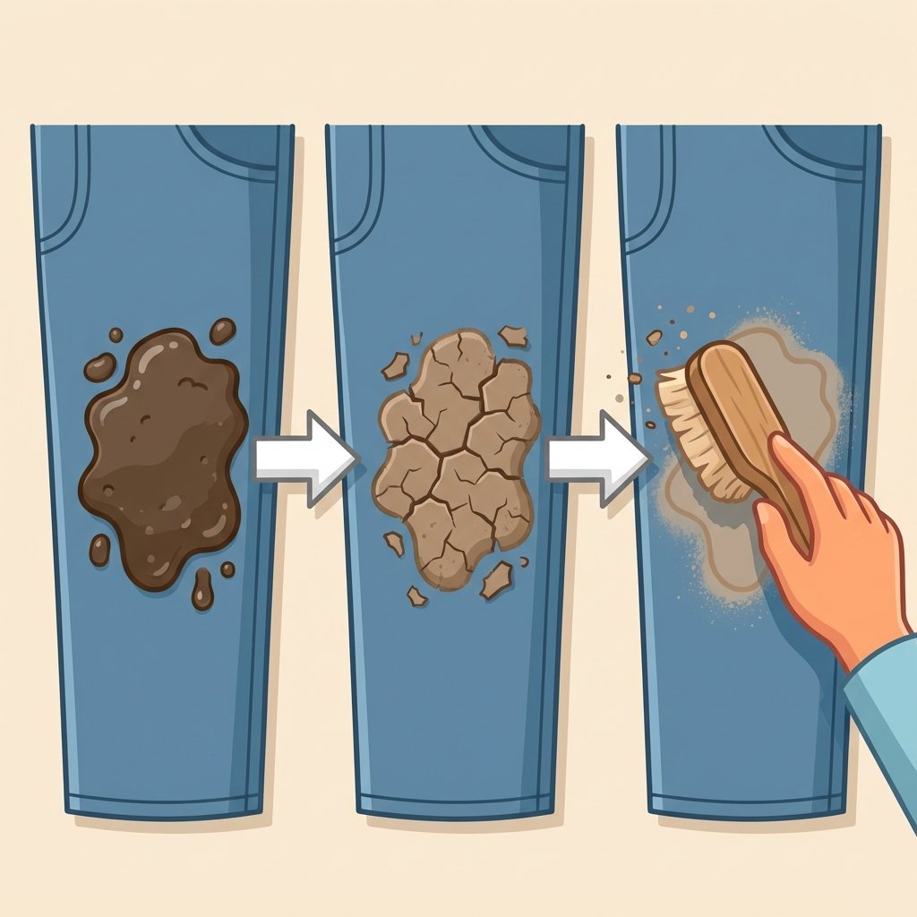 A flat illustration depicting the crucial first steps of mud stain removal. On the left side, a piece of fabric, like a denim jeans leg, is visibly soiled with a patch of wet, fresh mud. An arrow indicates progression to the center, where the same fabric is shown with the mud now completely dried and cracked, ready for removal. A final arrow points to the right, illustrating a hand gently using a soft-bristled brush to sweep away the dry, loose mud, revealing a significantly cleaner fabric underneath, with only a faint, light brown outline of the original stain. The background is simple and uncluttered, emphasizing the transformation.