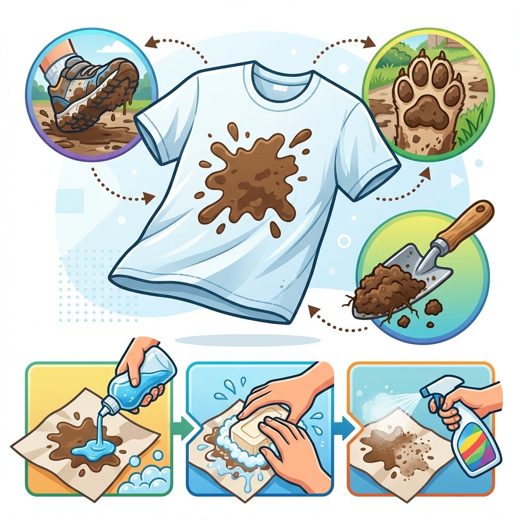 A vibrant, clean vector illustration in an infographic style, focusing on effective mud stain pre-treatment. The central element features a generic piece of light-colored clothing, perhaps a white t-shirt or towel, prominently marked with a distinct brown mud stain. Surrounding this central image are three smaller, illustrative vignettes: a child's muddy shoe, a dog's paw print, and a gardening trowel covered in earth, symbolizing common sources of mud stains. In a separate section, hands are depicted actively applying different pre-treatment agents directly onto a stained fabric swatch: a squeeze of liquid laundry detergent, rubbing a bar of gall soap, and a targeted spray from a stain remover bottle. The overall visual should convey practical, actionable solutions.