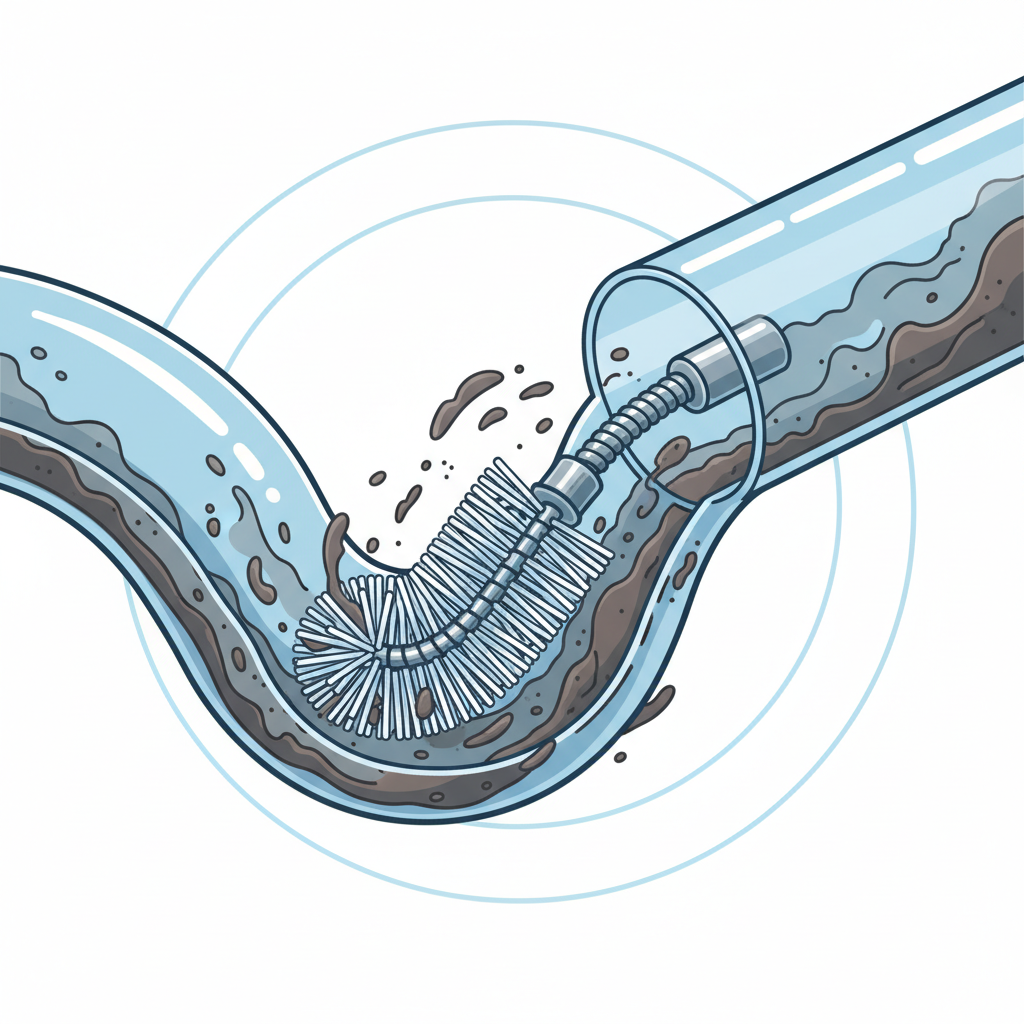 A stylized, cutaway illustration showing a Schlauchbürste actively cleaning the inside of a winding, translucent pipe. The pipe is partially filled with dark, symbolic grime or sediment, and the bristles of the brush are clearly seen dislodging these particles. The brush itself has a flexible, metallic core and a dense array of bristles. The background is clean and minimalistic, emphasizing the internal cleaning action in a hard-to-reach area. Use a bright, clean infographic style with clear lines and subtle shading to highlight depth and function.