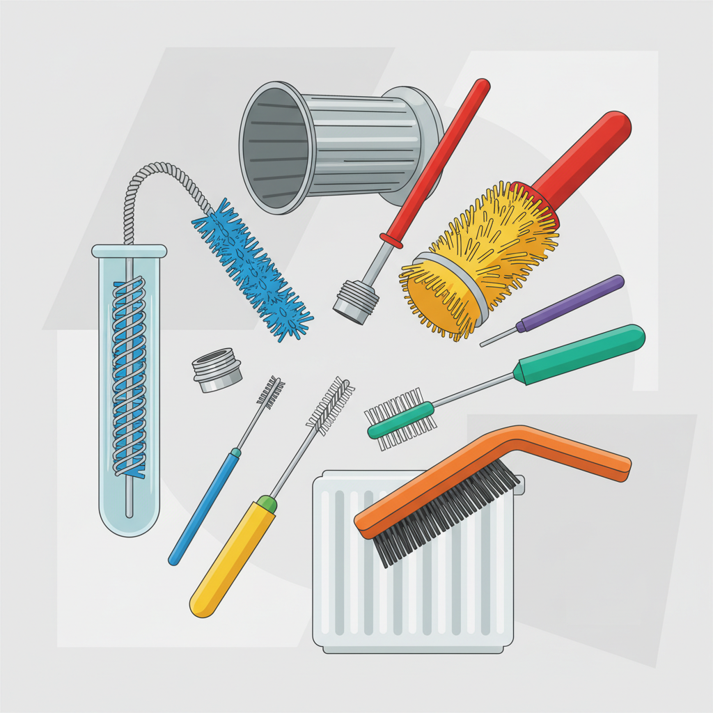 A vibrant flat illustration depicting a collection of diverse Schlauchbürsten, showcasing their different sizes, bristle types (e.g., soft nylon, stiffer wire), and handle flexibility. They are arranged aesthetically around or interacting with various objects they are designed to clean, such as a narrow laboratory tube, a section of a corrugated ventilation duct, a small faucet aerator, and a segment of a heating radiator fin. The overall composition should convey versatility and utility, with clean lines and bright, contrasting colors against a light background.