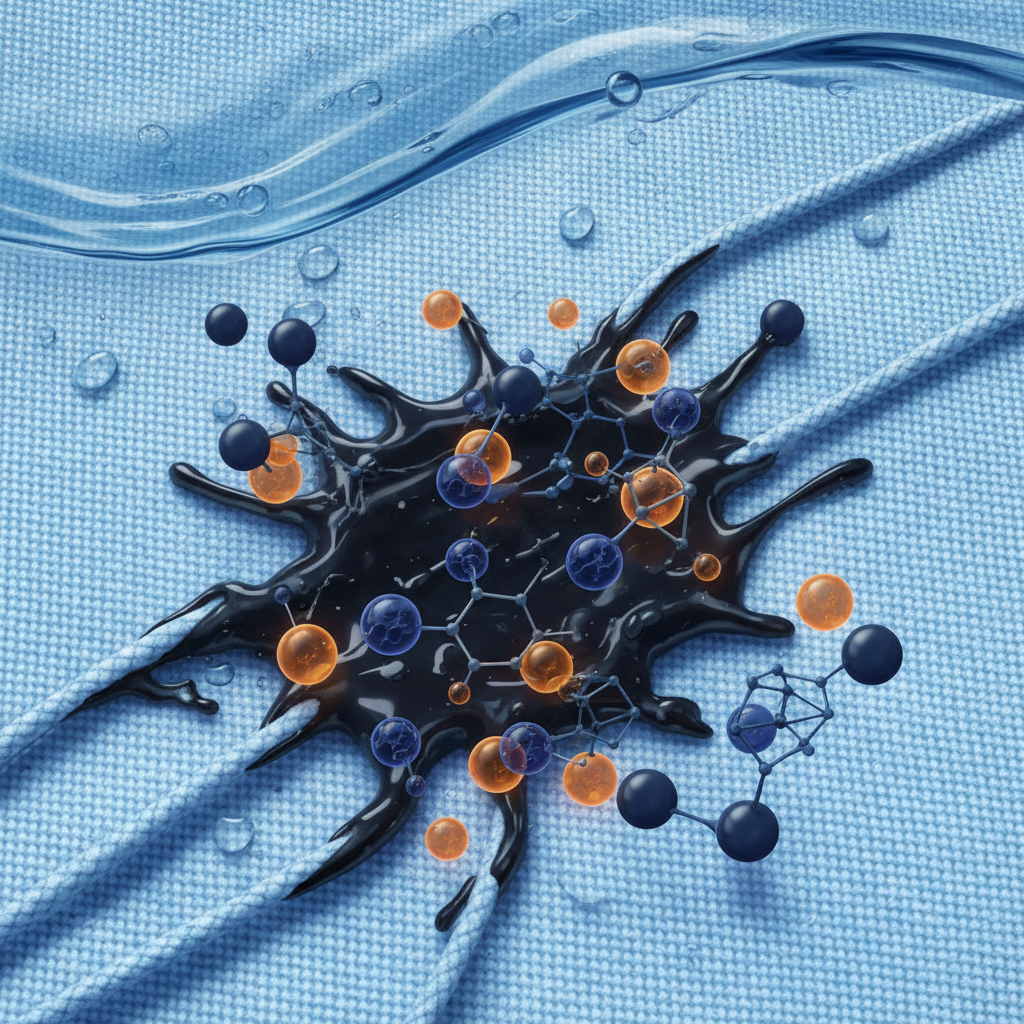 A close-up, high-detail scientific illustration depicting a dark, viscous grease stain deeply embedded in the fibers of a light-colored fabric, such as denim or canvas. Around and within the stain, abstract visual elements like interlocking spheres or molecular structures illustrate the oil and thickener components, showing how they adhere tenaciously to the fabric. A faint, receding wave of water in the background visually emphasizes its inability to dislodge the stain, highlighting the grease's water-repellent nature and stubbornness.