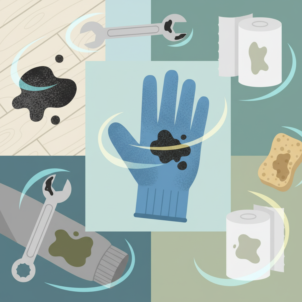 A vibrant, modern flat illustration showing a collection of common household and workshop items, each with a noticeable but stylized grease stain. This could include a work glove with a grease smudge, a section of a wooden floor with a dark spot, and a piece of clothing like a sleeve. Abstract, minimalist lines or a soft glow around each item suggest the process of cleaning or treatment, conveying the idea of effectively tackling diverse types of grease stains on various surfaces.