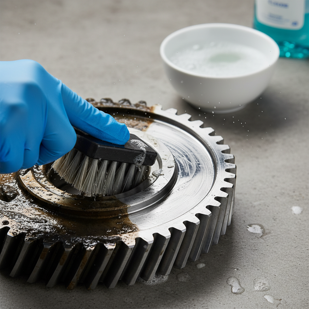 A professional close-up photo showing a gloved hand actively scrubbing a visibly greasy metal gear or machine part with a cleaning brush. The metal surface should clearly transition from a dull, dark, and greasy appearance to a sparkling, clean, and shiny finish where it has been cleaned. In the softly blurred background, a small bowl of foamy water and a generic bottle of liquid dish soap are subtly present, hinting at common household cleaning methods. The overall lighting is bright and clear, emphasizing the effectiveness of the cleaning action and the renewed luster of the metal.
