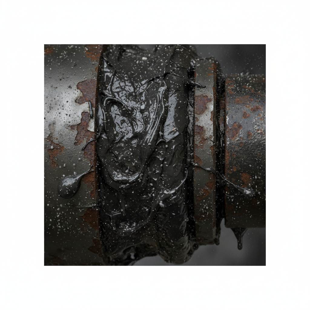 A highly detailed, realistic close-up illustration of a corroded and heavily greased metal surface, perhaps a section of a machine component or a hand tool. Thick, dark, viscous grease is visibly caked onto the textured metal, showing trapped dust particles and a dull, grimy appearance. Areas of the metal beneath the grease should hint at subtle signs of rust or wear, emphasizing the detrimental effects of unattended grease. The overall mood is slightly gritty but clear, highlighting the challenge of removal. Style: Technical illustration with realistic rendering, focused on texture and grime.