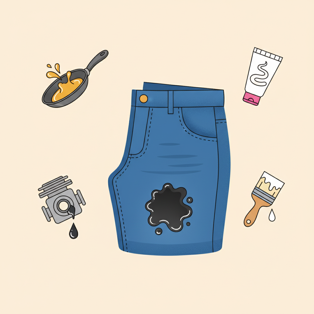 A clean, visually engaging flat illustration depicting a pair of classic blue denim jeans, slightly folded. On one leg, a prominent, realistic-looking dark grease stain is visible. Surrounding the jeans, several distinct, small icons represent common stain sources: a splattering frying pan with oil, a drop of motor oil dripping from a generic mechanical part, a tube of cosmetic cream, and a paint brush with a fresh drip. The overall color palette should be vibrant but harmonious, emphasizing the contrast between the stain and the clean denim, within a modern, professional blog aesthetic.