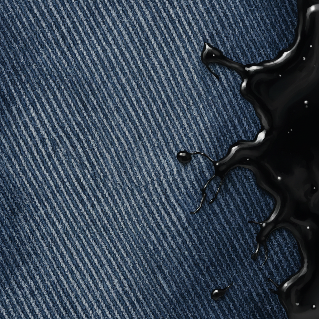 A detailed, macro-level digital painting showcasing a close-up section of woven blue denim fabric. One part of the fabric should appear clean and untouched, revealing the distinct texture of the cotton fibers. In an adjacent area, a viscous, dark oil-like substance is clearly shown actively penetrating and spreading through the individual denim threads, making them appear saturated and darker. The image should convey the deep absorption of the stain into the fabric's structure, highlighting its stubborn nature. Style: Realistic digital painting with a focus on textile texture and liquid dynamics.