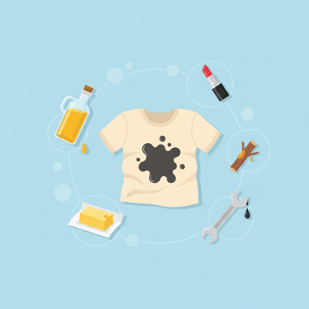 A vibrant, clean flat illustration showcasing various common sources of stubborn grease stains. In the center, a crumpled piece of light-colored fabric, perhaps a t-shirt or denim, clearly displays a prominent, dark, oily stain. Surrounding the fabric, arrange small, recognizable objects: a bottle of cooking oil, a stick of butter, a mechanic's wrench with a subtle drop of motor oil, a small twig with a glossy resin spot, and a red lipstick tube. The composition should be well-lit, with a minimalist background, emphasizing the visual connection between the objects and the stain. The style is modern and infographic-like, purely visual.